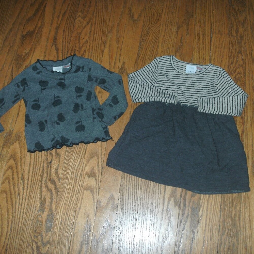 Set Zara Stripe Dress with Gray Gauze Skirt & Gray Black Floral Print Top 9-12M